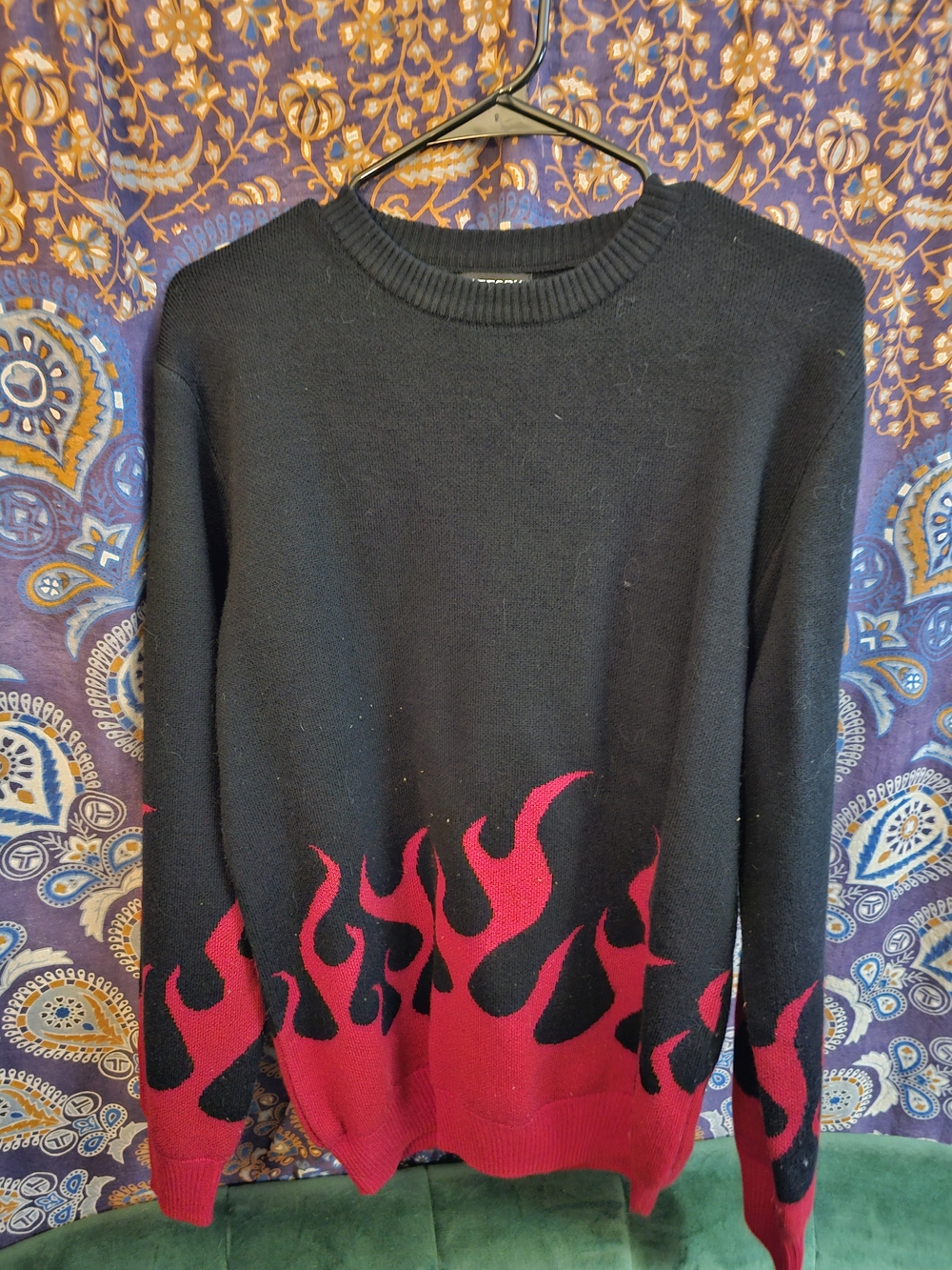 Hot Topic Black Crewneck Sweater with Red Flame Hem